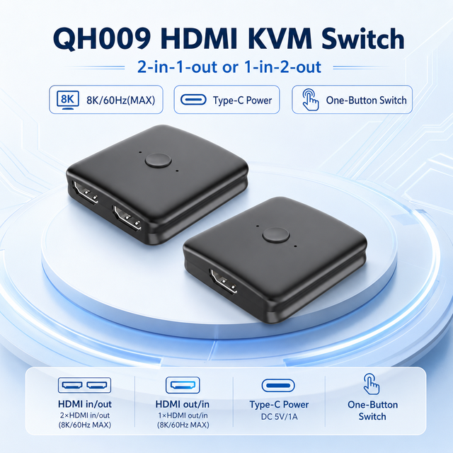 2-in-1-out / 1-in-2-out HDMI KVM Switch, Type-C DC 5V/1A, ABS Case, 4K, for Dual PC/Monitor Sharing