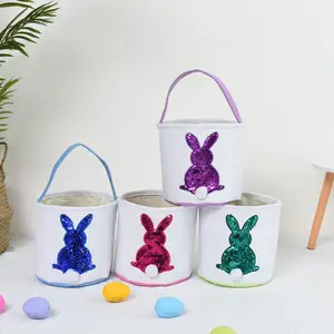 Happy Easter Bunny Bucket Storage Decoration Kids Birthday Pink Blue Green Sequin Rabbit Easter Baskets Party Supplies