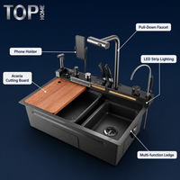 Évier de cuisine en acier inoxydable 304 noir nano fait main avec robinet cascade, planche à découper, support de téléphone et LED cUPC
