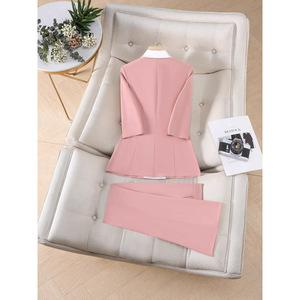 Women's Three Quarter Sleeve Color Block Blazer Pants Set Satin Anti Wrinkle Formal Commute Suit YSY6607 - Product Image 2