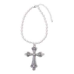 European American Imitation Pearl Alloy <b>Cross</b> Necklace Gold White K AA Grade Everyday Wear Geometric Design Clavicle <b>Chain</b> - Product Image 5