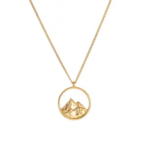 Best gift stainless steel scenery mountain sea pendant gold plated round couple necklace jewelry