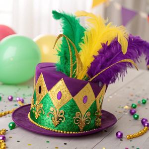 Sombrero de copa Fedora morado Mardi Gras de terciopelo de lujo para adolescentes adultos con accesorio de disfraz de desfile de plumas flexible - Product Image 2