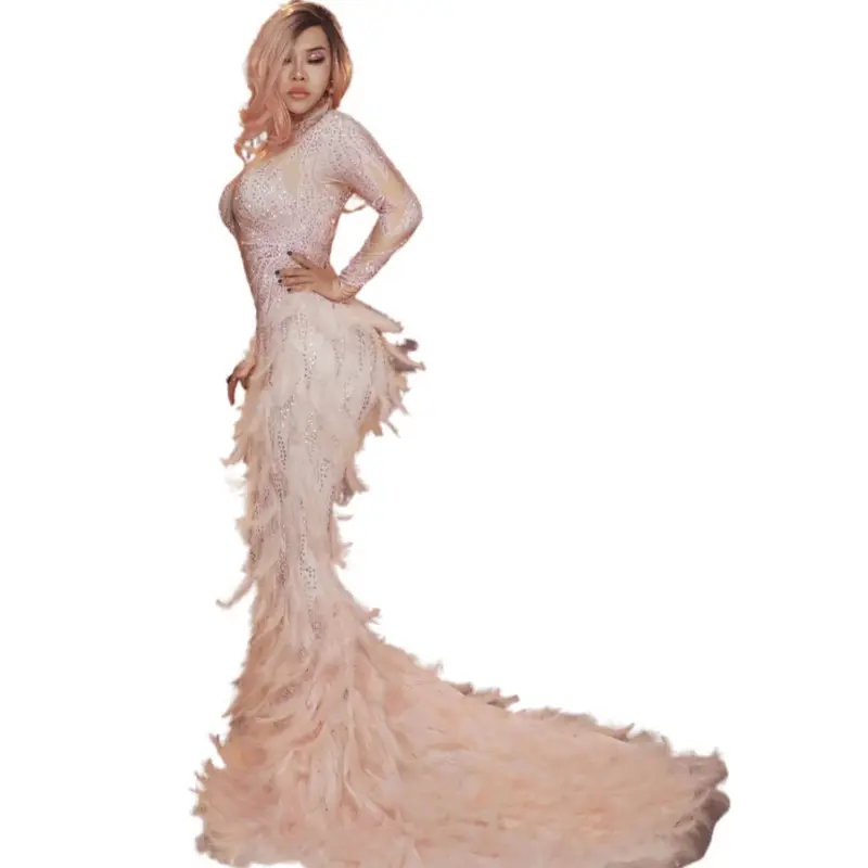 Elegant Pink Crystal Feathers Trumpet Birthday Wedding Party Dress Sexy Bodycon Mermaid Long Prom Dress Women Ball Evening Gown