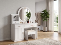 Coiffeuse blanche avec miroir et tabouret, bureau de maquillage moderne pour chambre à coucher avec tiroirs et armoire de rangement