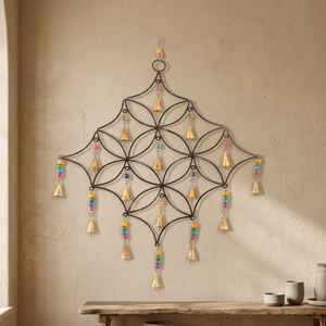 Symmetry Shaped Polished Iron <b>Wind</b> <b>Chime</b> with Golden Cone Shaped Bells and Beads for Living Room Decor - Product Image 3