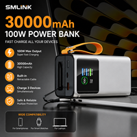 Batterie externe haute capacité 30000mAh 100W, charge rapide, chargeur portable avec câble rétractable pour ordinateur portable, smartphone, montre connectée, OEM