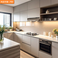 Ensemble de meubles de cuisine modulaires en L Wision, en bois gris brillant, avec option salle à manger et cave à vin, garantie 5 ans, en marbre artificiel