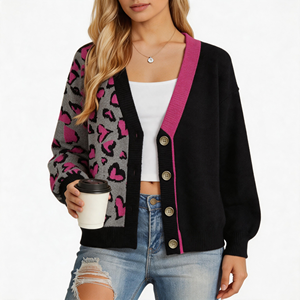 Cardigan Femme Chic et Élégant en Maille Color Block <span class=keywords><strong>Rose</strong></span> Cœur Léopard Jacquard Col V Coupe Oversize - Product Image 1