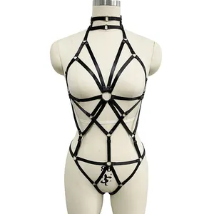 調節可能な透明タイトなセクシーなランジェリーセットメタルリング包帯女性ナイトウェアホットボディスーツ