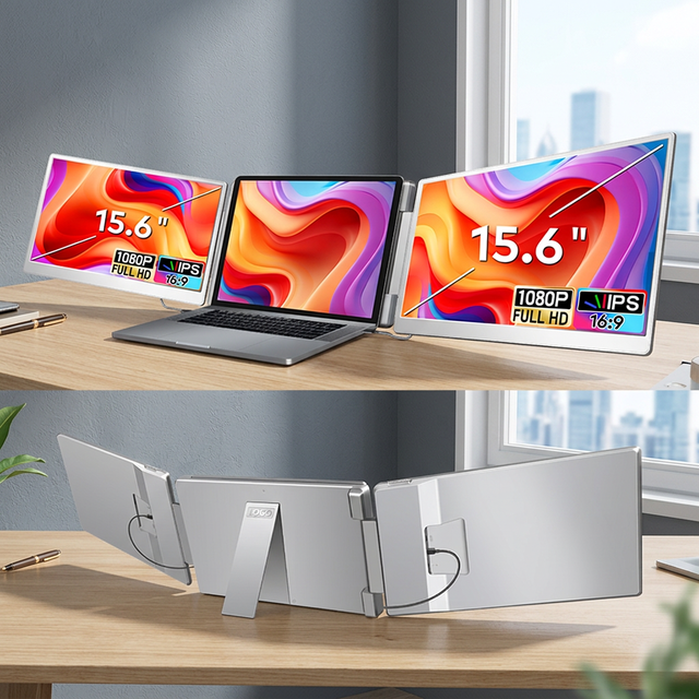 Portable Monitor for Laptop Dual Screen 15.6 Inch FHD IPS Triple Display Place on Desk Plug and Play for Business