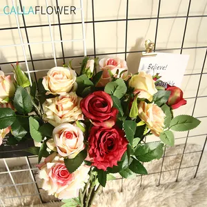 Bunga Pernikahan Tangkai Tunggal MW15190, Bunga Mawar Merah Dekorasi Bunga Pernikahan 3 Kepala