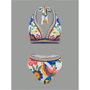 Ensemble de bikini 3 pièces pour femmes, imprimé floral tropical, maillot de bain triangle à bretelles, avec jupe de plage enveloppante - Product Image 4