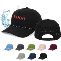 Gorra de béisbol casual tipo trucker personalizada de secado rápido con visera curva, 5 paneles, impermeable, con cuerda y orificios cortados a láser, de malla transpirable.