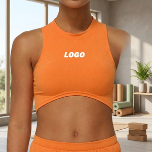 Women Orange Solid Color <b>Racerback</b> Sports <b>Bra</b> Crew Neck Medium Support Breathable Seamless Fitness Top Front Logo - Product Image 4
