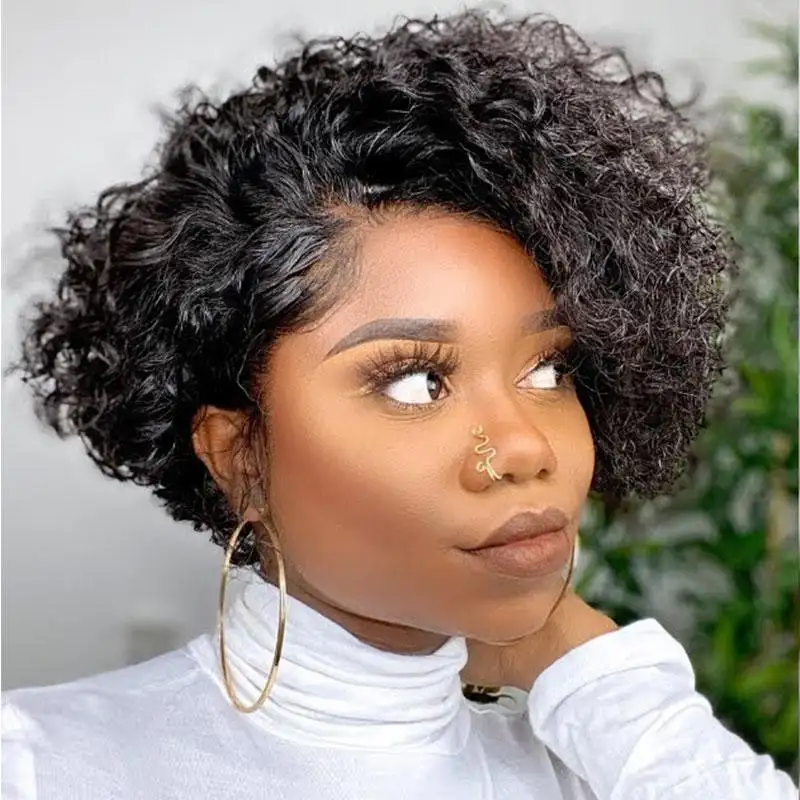 Capelli ricci naturali Afro corti da donna neri 100% capelli umani vergini brasiliani tagliati a fata 150% densità parrucca pixie anteriore in pizzo