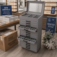 Nouvelle conception : Vitrine à lunettes en cuir gris avec miroir et tiroirs, organisateur d'échantillons pour le rangement des lunettes