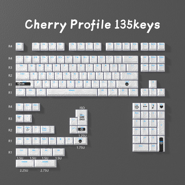 135 Keys Cherry Profile Full Sets ISO Keycaps White Black Linellae Topograph 5 Sides PBT Dye Sub Keycaps Simple Modern Keycaps