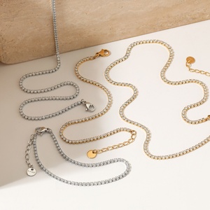 Hip Hop Men Jewelry Gold Plated Stainless Steel Iced Out <b>Cubic</b> <b>Zirconia</b> Tennis Chain <b>Bracelet</b> Necklace Set - Product Image 1