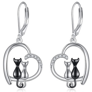 Orecchini Pendenti a Cuore con Gatto per Donne, Gioielli Romantici e Carini con Micro Pavé per San Valentino - Product Image 1