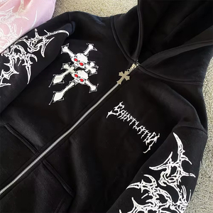 <span class=keywords><strong>Felpa</strong></span> con Cappuccio Personalizzata con Stampa Teschio e Croce Gotica per Uomo e Donna, Stile Y2K Streetwear Oversize con Zip - Product Image 4