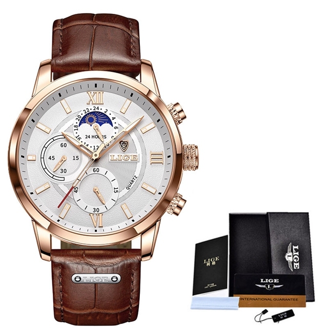 LIGE Fashion Leather Waterproof Luxury Mens Chronograph Quartz Wrist Watch