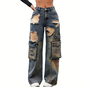 High Street Women Baggy <strong>Trousers</strong> High Rise Multi Pockets Faded Washed Denim Wide Leg Cargo Denim Jeans Womens Denim Jeans - Product Image 4