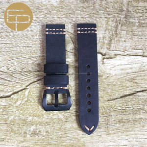 Hecho a mano beige costura gruesa negro loco caballo genuino becerro cuero reloj Correa con pintado de negro borde - Product Image 1