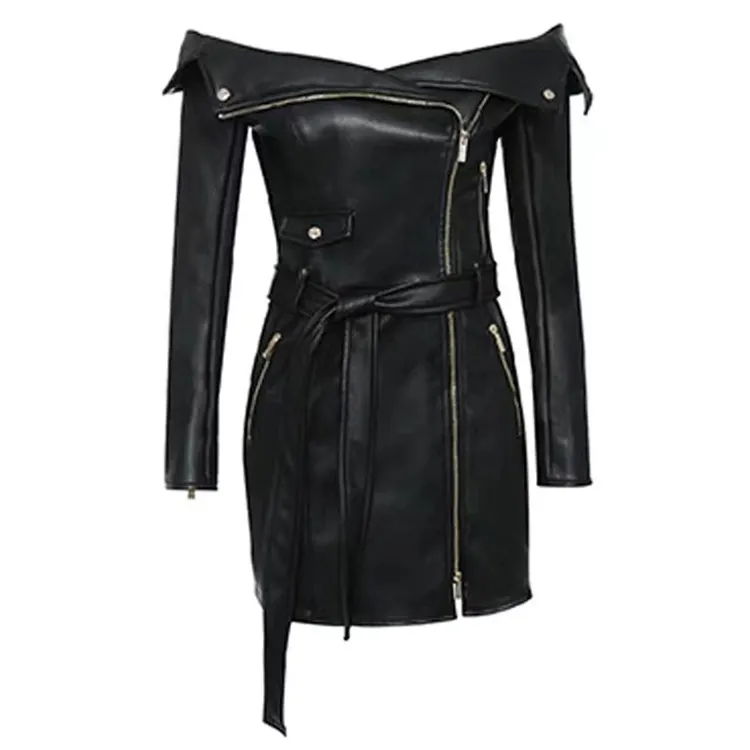 Off the Shoulder Skinny Long Sleeve Black Faux Leather Ladies Mini Blazer Pencil Dress Casual Party Dress For Women
