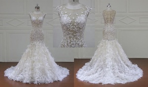 XF17015 Robe de mariée sirène sans manches col bateau longueur au sol et belle robe de mariée fleur 3D - Product Image 2