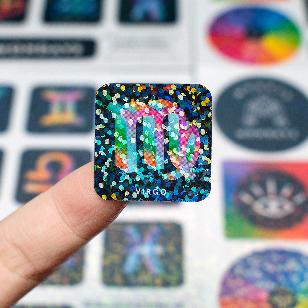 copperplate paper sticker with holographic lamination example