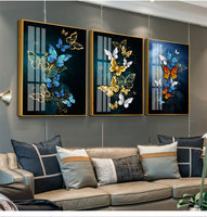 Peinture murale moderne en verre acrylique avec des feuilles de papillon, art nordique, or bleu, véritable papillon, décoration murale