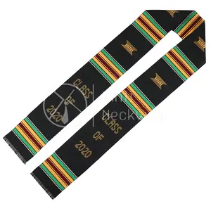 Cheap Polyester Hand Woven Custom Logo Adult Student African Magic Sashes Black Striped Cloth Kente Graduation Stole with Tassel