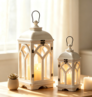 Ensemble de lanternes décoratives en métal blanc rustique et en verre pour la décoration de table de mariage ou de maison de style farmhouse