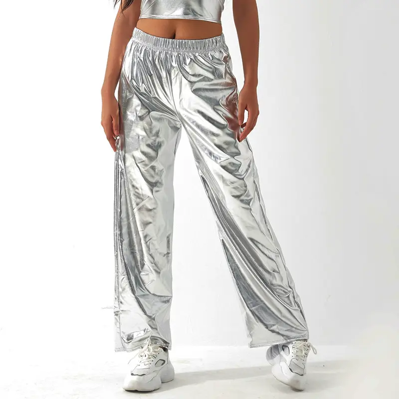 King Mcgreen star New Arrival Women Bright Metallic Pocket loose trousers Dance streetwear clothing Casual solid hot gold pants
