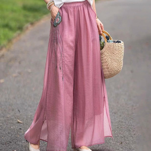 Women's Double Layer Wide Leg Cotton Linen Pants Pink Embroidery Casual Style Spring Summer Breathable Chiffon Trousers - Product Image 1