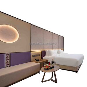 Contemporary Minimalist Hotel Bed with Integrated <b>Headboard</b> Solid Wood Frame & Nightstands for3 Star Boutique Hotel Project - Product Image 1