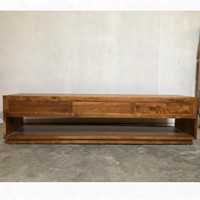 Meuble TV en teck massif durable de style Mid-Century Modern, console basse à 3 tiroirs et étagère ouverte, pour salon, style ferme
