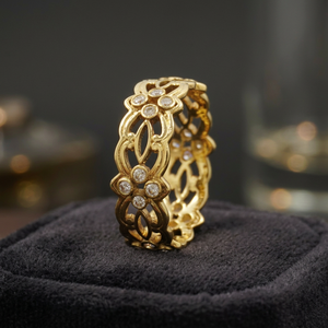 Handmade <b>Vintage</b> Inspired Round Diamond Embedded Floral Motif <b>Ring</b> In 18K Solid <b>Gold</b> Jewellery Lustrous Jewellery For Women - Product Image 2