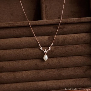 Conjunto de Joyería SJ Elegante con Perlas de Agua Dulce y Hojas de Circonia Cúbica, Chapado en Oro Rosa de 18K, Collar y Aretes de Acero Inoxidable, Regalo para Mujer - Product Image 2