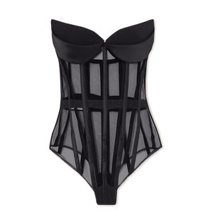 Corsetto disossato a rete forte da donna nero <span class=keywords><strong>senza</strong></span> <span class=keywords><strong>spalline</strong></span> top <span class=keywords><strong>bustier</strong></span> in crepe e tulle con rifiniture in raso - Product Image 1