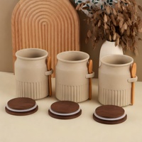 Ensemble de 3 pots de conservation hermétiques en céramique cannelée, avec couvercle en bois, joint en silicone, clip latéral et cuillère en bambou