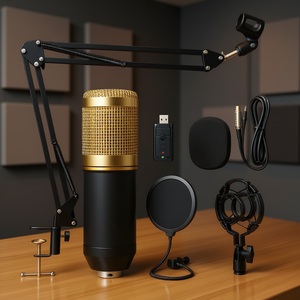 Micrófono de Condensador Profesional Dorado para Estudio con Brazo Articulado, Soporte Antivibraciones, Filtro Pop, Tarjeta de Sonido USB y Conector XLR - Product Image 2