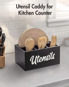 Organisateur de couverts et d'ustensiles de cuisine à 4 compartiments, boîte de rangement en bois de pin écologique - Product Image 2