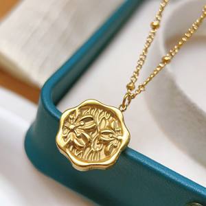 Tarnish Free Jewelry 18k Gold Plated Engraved Cherry Flower <strong>Coin</strong> Stamp Pendant Stainless Steel <strong>Necklace</strong> - Product Image 2
