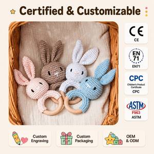 <span class=keywords><strong>Hochet</strong></span> Anneau <span class=keywords><strong>Lapin</strong></span> au Crochet Amigurumi, Anneau de Dentition en <span class=keywords><strong>Bois</strong></span>, Manchon Couleur Assortie, Visage Brodé Fait Main, 4 Couleurs, Jouets Doux pour Bébé - Product Image 1