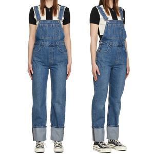 Women Casual Blue Sleeveless Non-Stretch Denim Overalls <b>Rolled</b> Leg Work Wear Jean Jumpsuit - Product Image 1