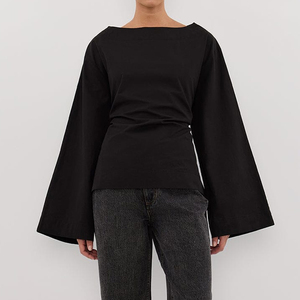 Vêtements pour femmes du printemps, hauts personnalisables en gros, bandage, t-<span class=keywords><strong>shirt</strong></span> <span class=keywords><strong>blanc</strong></span> uni, <span class=keywords><strong>femme</strong></span>, manches longues évasées, t-shirts en coton uni - Product Image 3