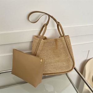 Bolso de mano de lujo para mujer con logotipo personalizado, bolsillo con cremallera, bonito bolso de hombro de paja para la playa con monedero - Product Image 2