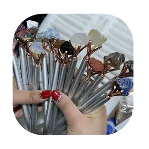 Wholesale Natur Carv Gemstones Golden Silver Metal Pen Handmade Crystal Crafts Natural Stone Raw Crystal Pens For Gift